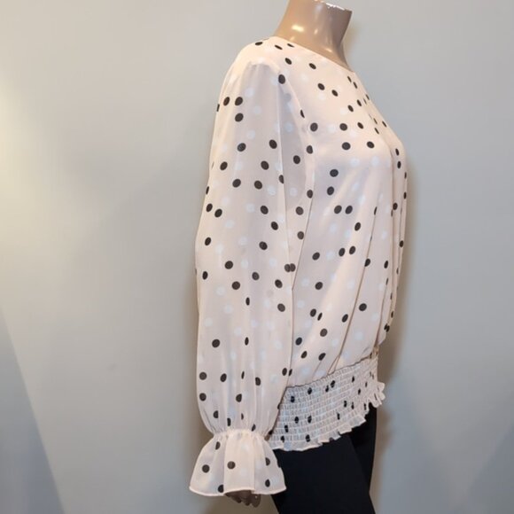 Adrianna Papell Polka Dot Blouse Sheer Layered Bell Flare Sleeve Smocked Hem Top - Picture 8 of 11
